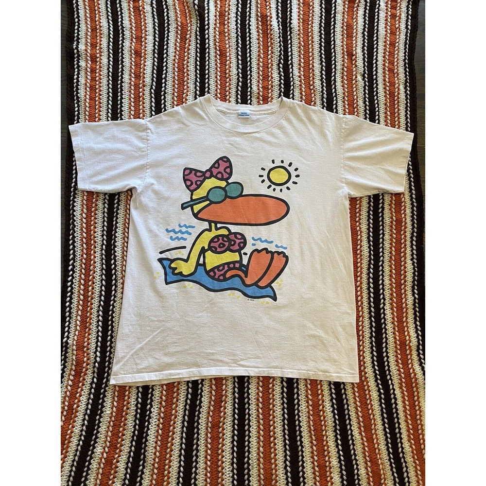 Vintage Cartoon Bikini Duck T-shirt White X-Large AOP XL Double Sided Funny 1993
